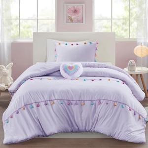 Mi Zone Kids Queen Comforter Set, Fun Multi-Colors Tassel Comforter for Queen Size Bed, All Season Children Bedding Girls Bed Set 4 Piece, Matching Sham & Dcor Pillow, Tessa, Full/Queen, Lavender
