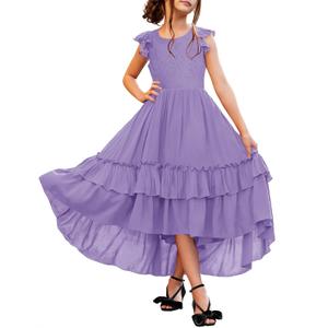 HOSIKA Lace Flower Girls Dress Summer Short Sleeve Princess Vintage Boho Wedding Party A-Line Maxi Dresses 6-12 Years Purple XL