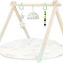 B. toys  Wooden Baby Play Gym  Activity Mat  Starry Sky  3 Hanging Sensory Toys  Natural Wood  Babies, Infants