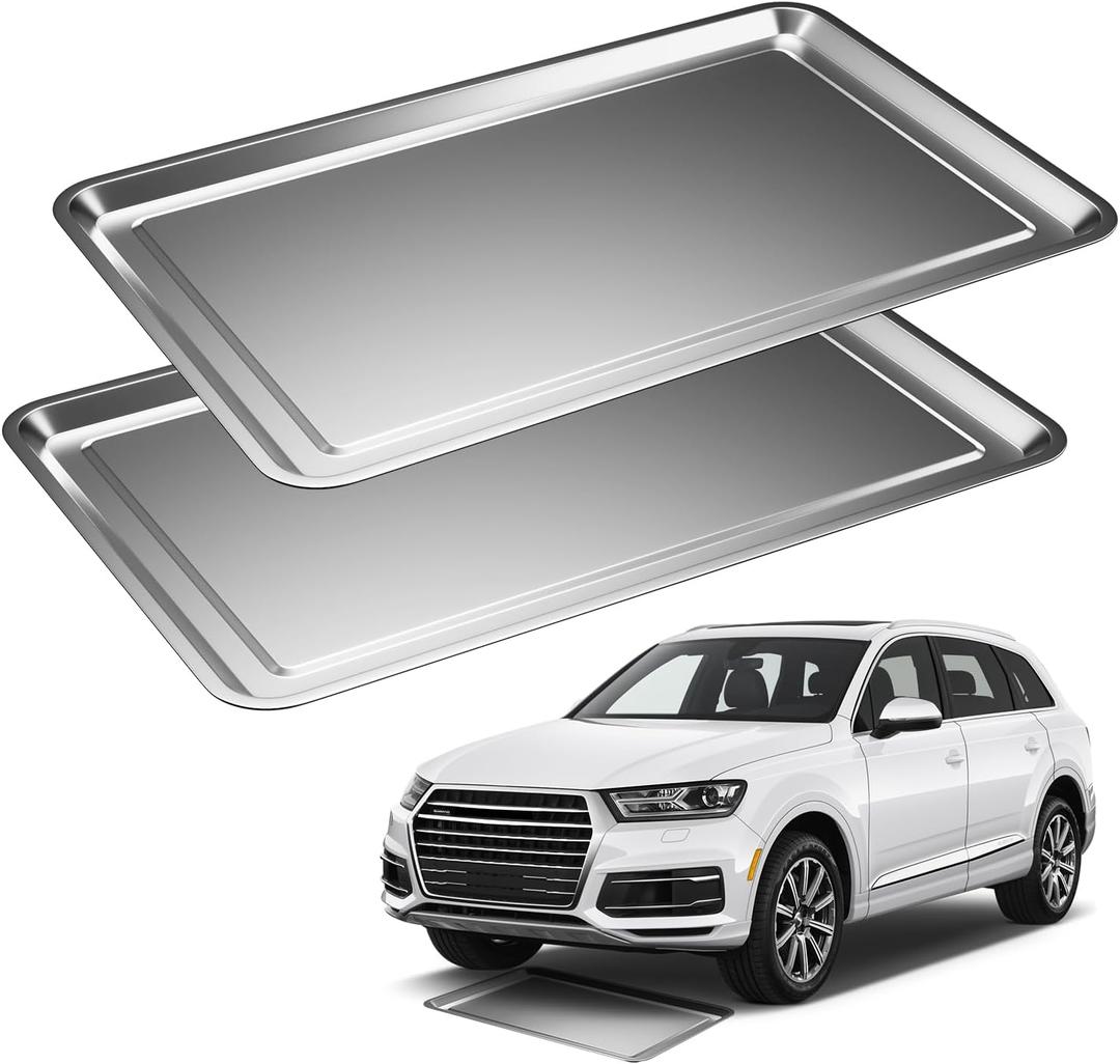 2 Pcs Under Car Oil Pans for Changing Oil, Motorcycle Automotive Oil Change Pan Silver Rust Resistant Drip Tray, Oil Catch Pan Replacement Tray for Garage Machinery Supplies (27.56 x 19.69 Inch)