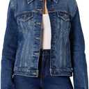 Amazon Essentials Women's Regular-Fit Low Stretch Denim Button-Front Trucker Jacket, Stone Dark Wash, Medium
