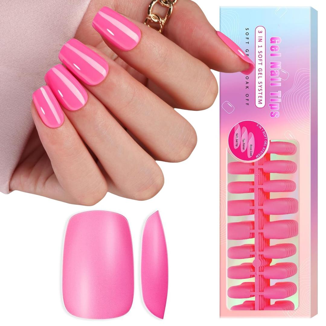 SXVME Hot Pink Soft Gel Nail Tips Medium Short Square Gel Tips Pre-colored Press on Nails Pre Applied Tip Primer Natural Acrylic Fake Nails Extensions for DIY Nail,300Pcs