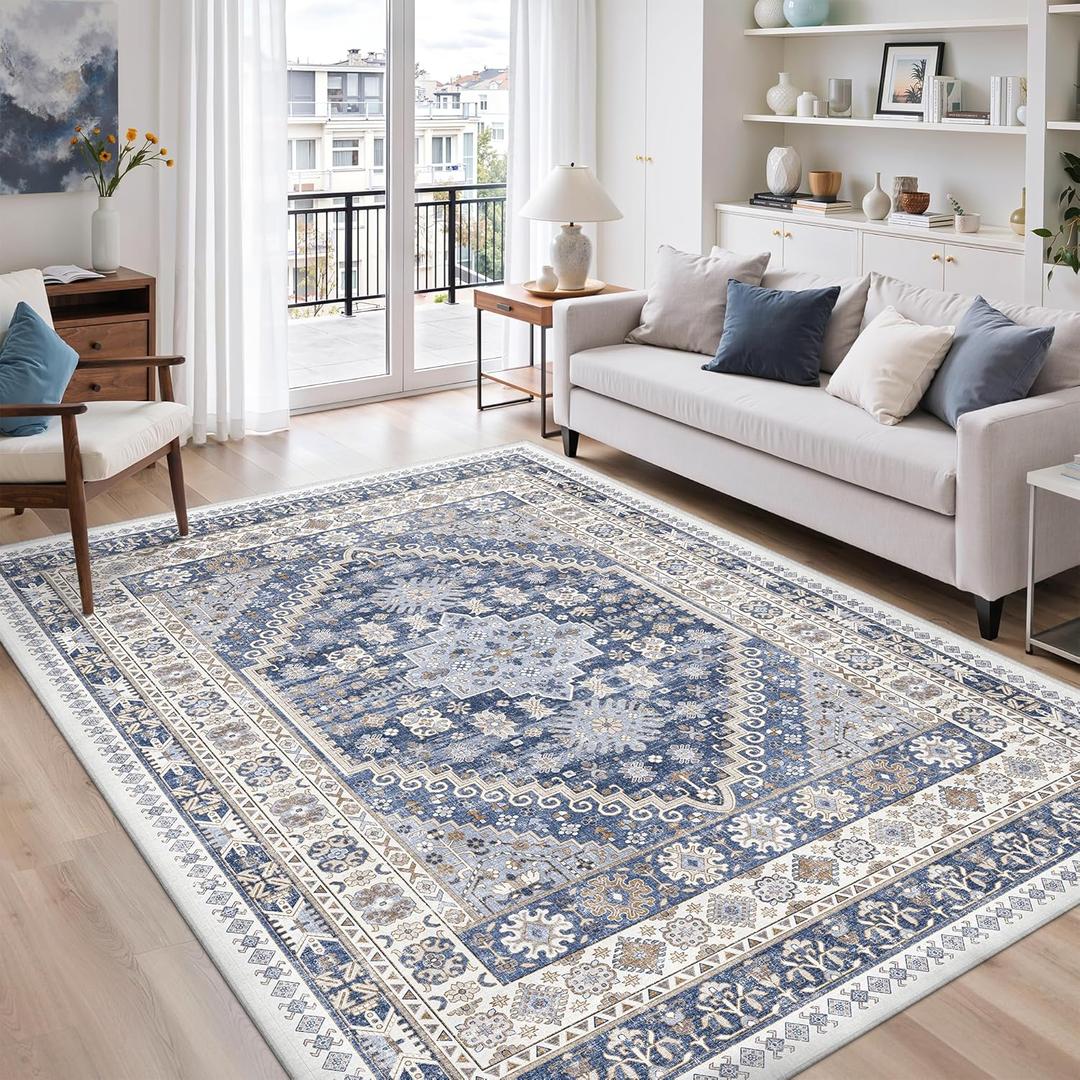 zesthome 5x8 Area Rugs - Ultra-Thin Washble Rug, Stain Resistant Anti Slip Backing Rugs for Living Room,Bedroom, Vintage Home Decor Area Rug (Blue/Beige,5'x8')