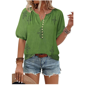 Unixseque Womens Summer Tops V Neck Short Sleeve Blouses Casual Button Down Shirts Floral Boho Clothing Trendy 2025 L