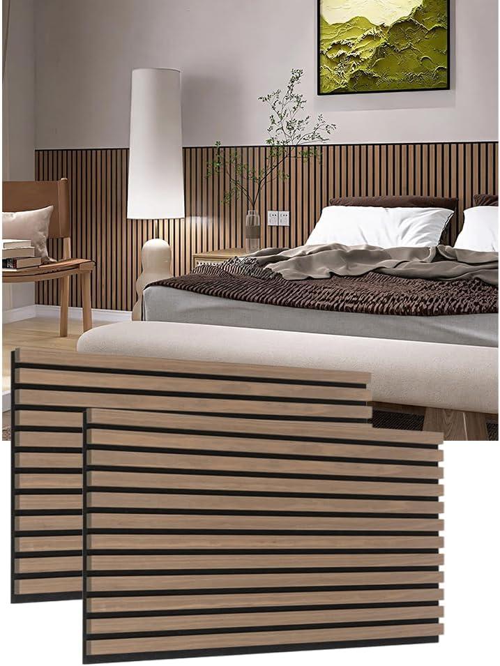 Acoustic Wood Veneer Slat Panels for Interior Wall and Ceilings Dcor | 3D Seamless Spliced Wood Wall Panels | Sound Absorbing Decorative Panels | Luxury Real Wood | Dark Walnut x 2 Pack