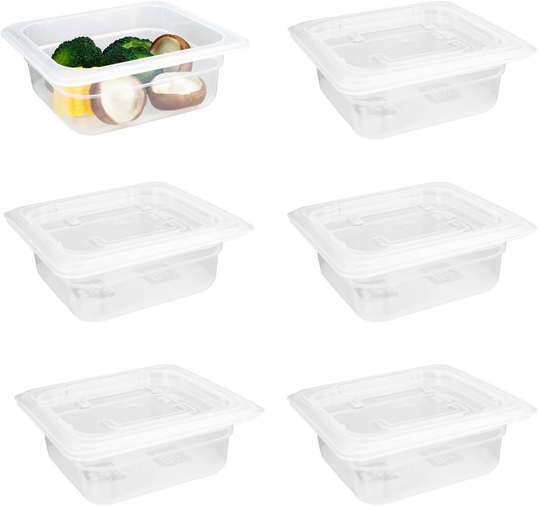 6-Pack Food Pan with Lids, 1/6 Size Food Storage Containers for homes, schools, restaurants, hotels Meal Prep, -40℉-160℉, Stackable, Freezer-Safe (1/6 size 2.5 inch deep, 1.1L/1.1QT)