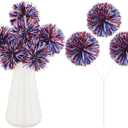 6 Pcs 4th of July Fireworks Pom Pom Picks Decorations Patriotic Vase Filler 250th anniversary Memorial Day Table Decor Red White Blue Independence Day Stem Pick Decor for Home Vase(Mixed Colors)