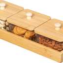 Basicwise Set of 3 Square Glass Jars with Bamboo Lids and Wooden Tray  Rectangular Charcuterie, Snack Organizer and Fruit Platter for Party, Candy Jars, Cookies, Nuts, Fruits and Snack Box