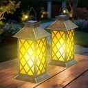 2 Pack 13" Solar Lanterns with Flickering Flame Candle, Outdoor Waterproof Hanging Lantern Lights Metal & Glass for Patio, Pathway, Garden Decorative, Gifts for Mom