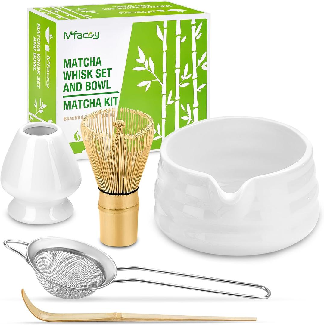 Matcha Whisk Set, Japanese Tea Set (5pcs) includes Matcha Bowl with Spout (19 oz), Bamboo Whisk and Matcha Scoop, Whisk Holder, Stainless Steel Sifter, Tea Making Tools, Matcha Kit