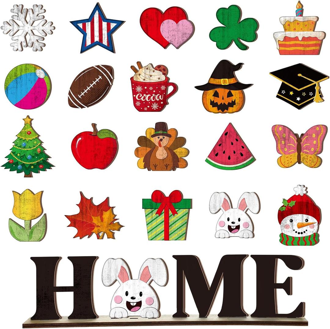 Interchangeable Seasonal Decor Winter Valentine's Day Spring St. Patrick's Day Home Tabletop Sign with 20 Pcs Icons Wooden Home Sign for All Seasons Windowsill Shelf Mantel Decorations