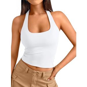 Trendy Queen Halter Tops for Women 2026 Spring Fashion Summer Going Out Tops Backless Crop Sleeveless Workout Shirts Beach Vacation Outfits Casual Cute Y2k Clothes White M
