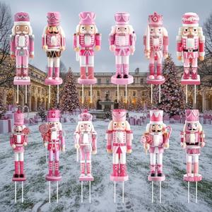 Roowest 12 Pcs 3D Pink Christmas Nutcracker Decoration Outdoor, Christmas Nutcracker Soldier Yard Signs with Stakes Lawn Sign for Holiday Xmas Outside Lawn Porch Patio Yard Garden Pathway Decor Favors