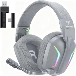 WESEARY Wireless Gaming Headset with Mic for PS5, PS4, PC & Switch, 20ms Ultra-Low Latency for Seamless Gaming, 2.4GHz & Bluetooth 5.4 Dual Mode, 50H Battery Life, 3D Spatial Audio,Grey Neon