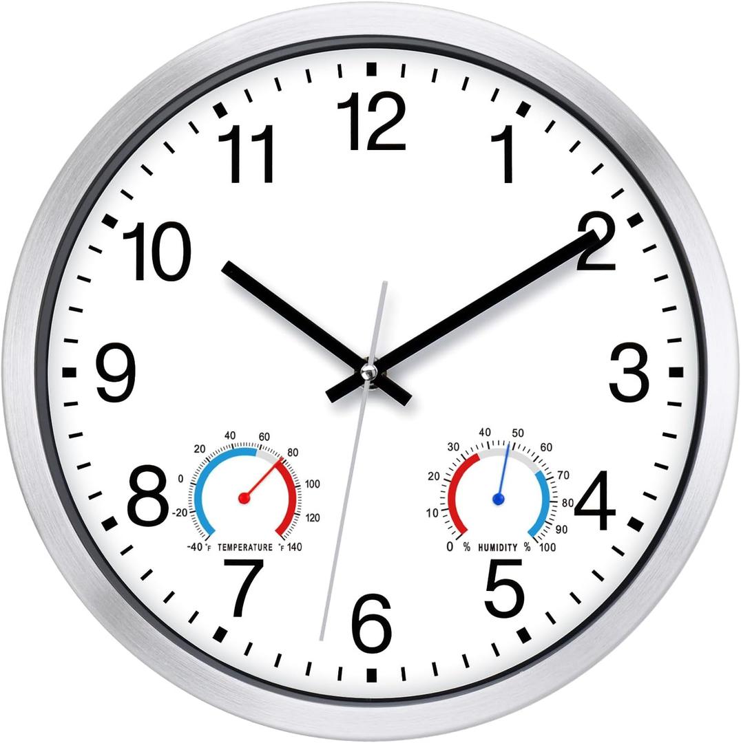 Caysie 12 Inch Sealed Indoor Outdoor Clocks Waterproof with Thermometer and Hygrometer Combo, Silent Battery Operated Quartz Wall Clock for Patio Pool Bathroom Outside Home (Silver)