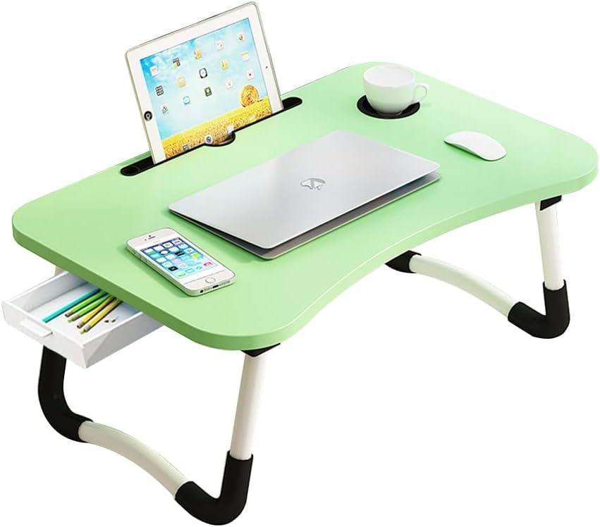 Lap Laptop Desk with Storage Drawer, Holders for Cup and Tablet, Laptop Bed Tray Table with Foldable Legs, Laptop Bed Stand, Portable Standing Table for Sofa Couch Floor (23.6", Green)