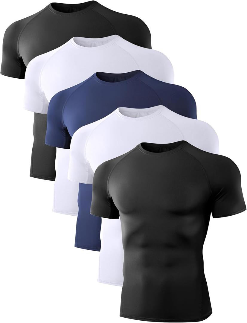 Dalavch 5 Pack Mens Compression Shirts Short Sleeve Cool Dry Sports Athletic Workout Base Layer Undershirt T-Shirt Tops (Medium, 2 Black 2 White 1 Blue)
