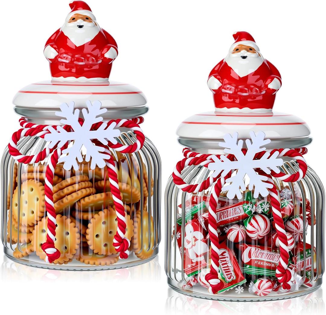 LemonRoad 2 Pcs Christmas Glass Storage Jars with Lid Santa Claus Cookie Jars Christmas Candy Jar Glass Food Storage Canisters Holiday Candy Storages Can for Kitchen Holiday Table Centerpieces(25oz)