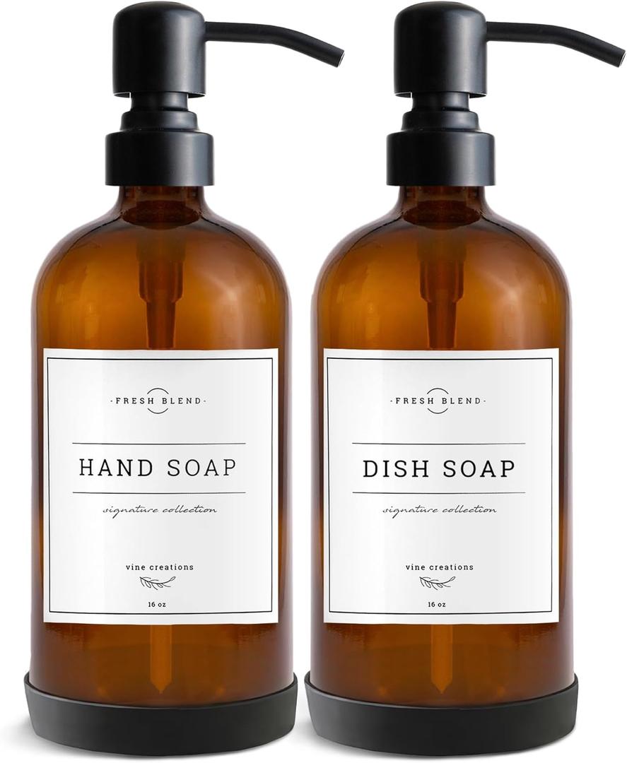 Vine Creations Amber Glass Soap Dispenser, 2 Pack Kitchen Soap Dispenser Set with Stainless Steel Pump, 16 oz Dish Soap and Hand Soap Dispensers for Bathroom with Waterproof Labels (Amber Bottle / Matte Black Pump)