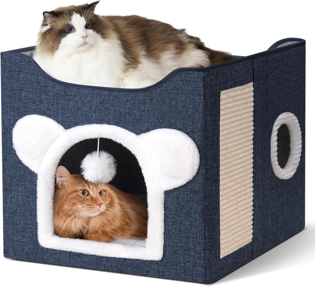 Cat Houses for Indoor Cats, Large Cat Cave with Fluffy Ball and Scratch Pad, Covered Cat Bed House, Foldable Cat Hideaway