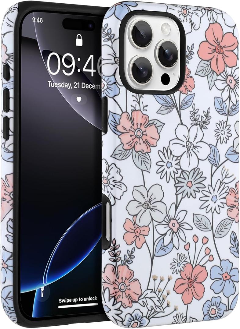 Compatible for iPhone 16 Pro Case, Aesthetic White Flowers Case Compatible with MagSafe, Dual Layer Shockproof Protective Cover for Girls Womens