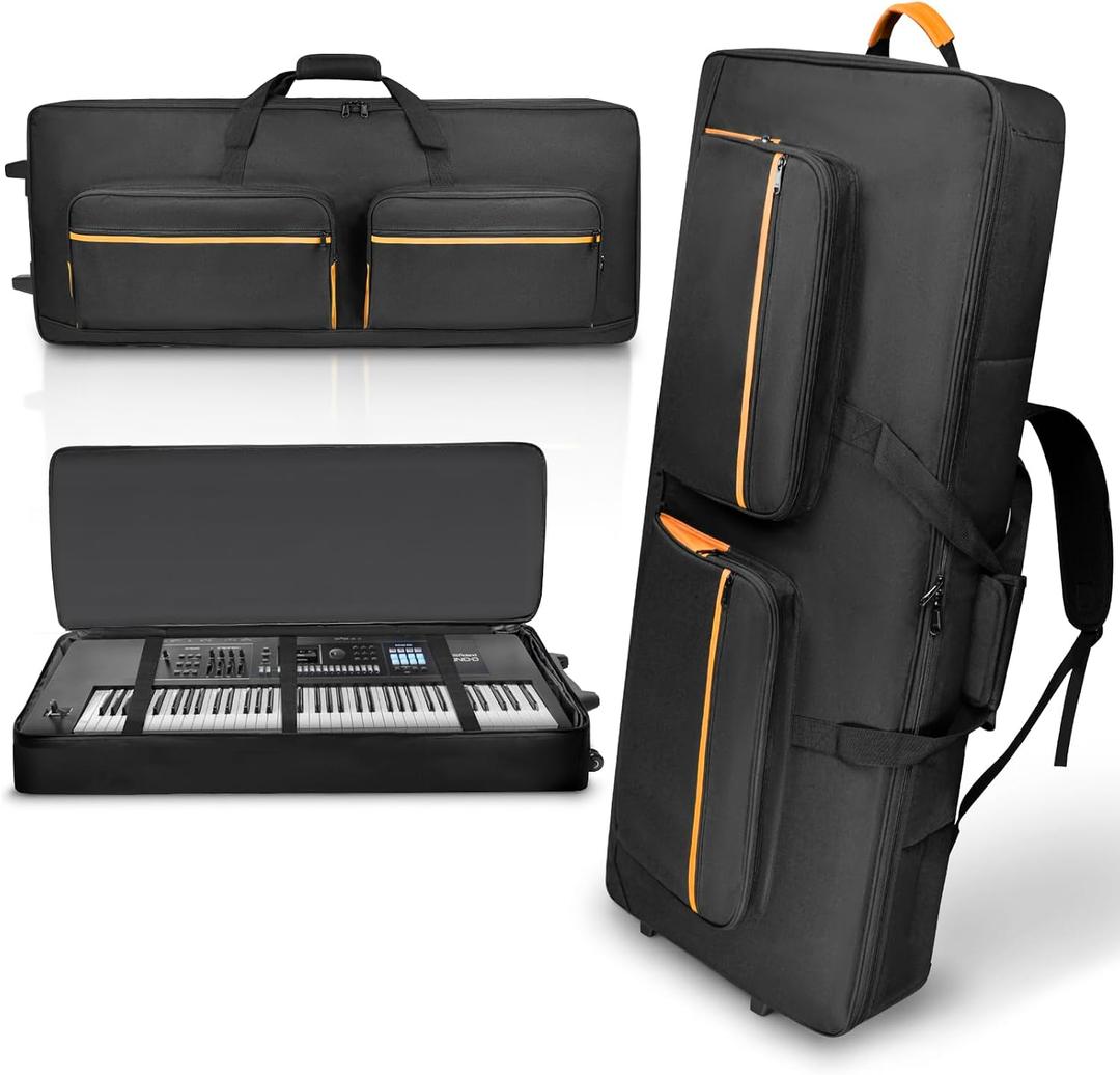 ORKELS 73/76 Key Keyboard Case with Wheels & Adjustable Shoulder Straps– Padded Rolling 76 Key Gig Bag with 4 Accessory Pockets, for Digital Piano, Synthesizer & Keyboard, For 73-76 Key-48.2"x19.1"x6.5"