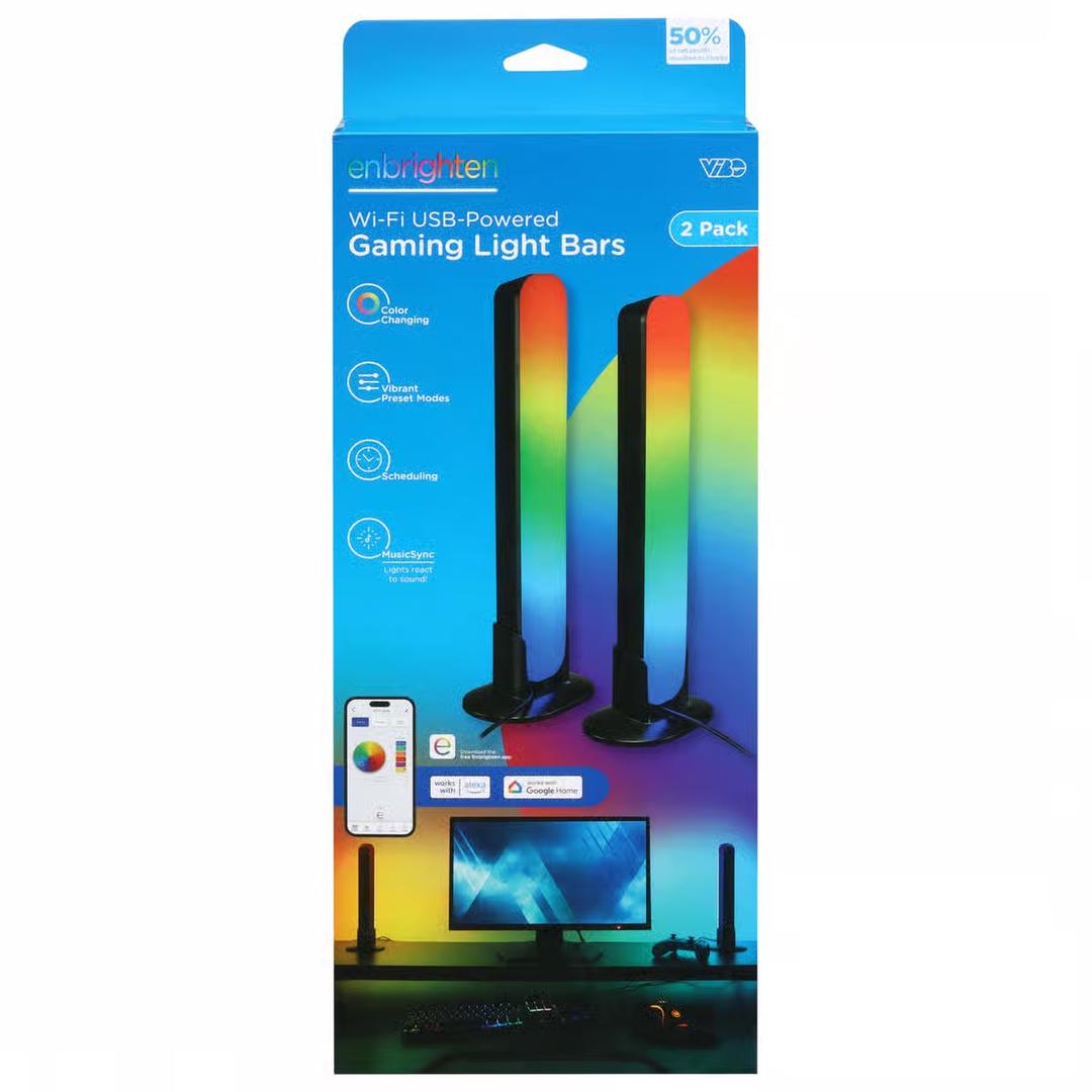 Enbrighten Vibe Wi-Fi Spectrum RGBIC Gaming Light Bar with Music Sync and Color Changing: Special Effects LED Strips & USB Power, 2 Pack