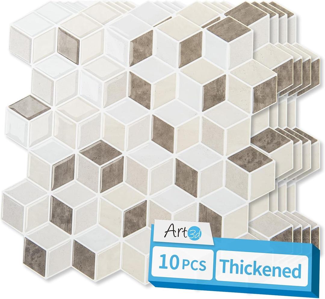 Art3d 10-Sheet Peel and Stick Backsplash Tiles, 12x12 Inch Self-Adhesive 3D Wall Tiles for Kitchen, Bathroom, Countertop - Thickened Waterproof Design (Light Brown)
