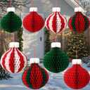 8 Pcs Jumbo 16'' 11.8'' Christmas Honeycomb Ornaments for Ceiling 3D Extra Large Candy Paper Honeycomb Ornament Craft Balls Red Green White Xmas Tree Decoration for Christmas Party Decor