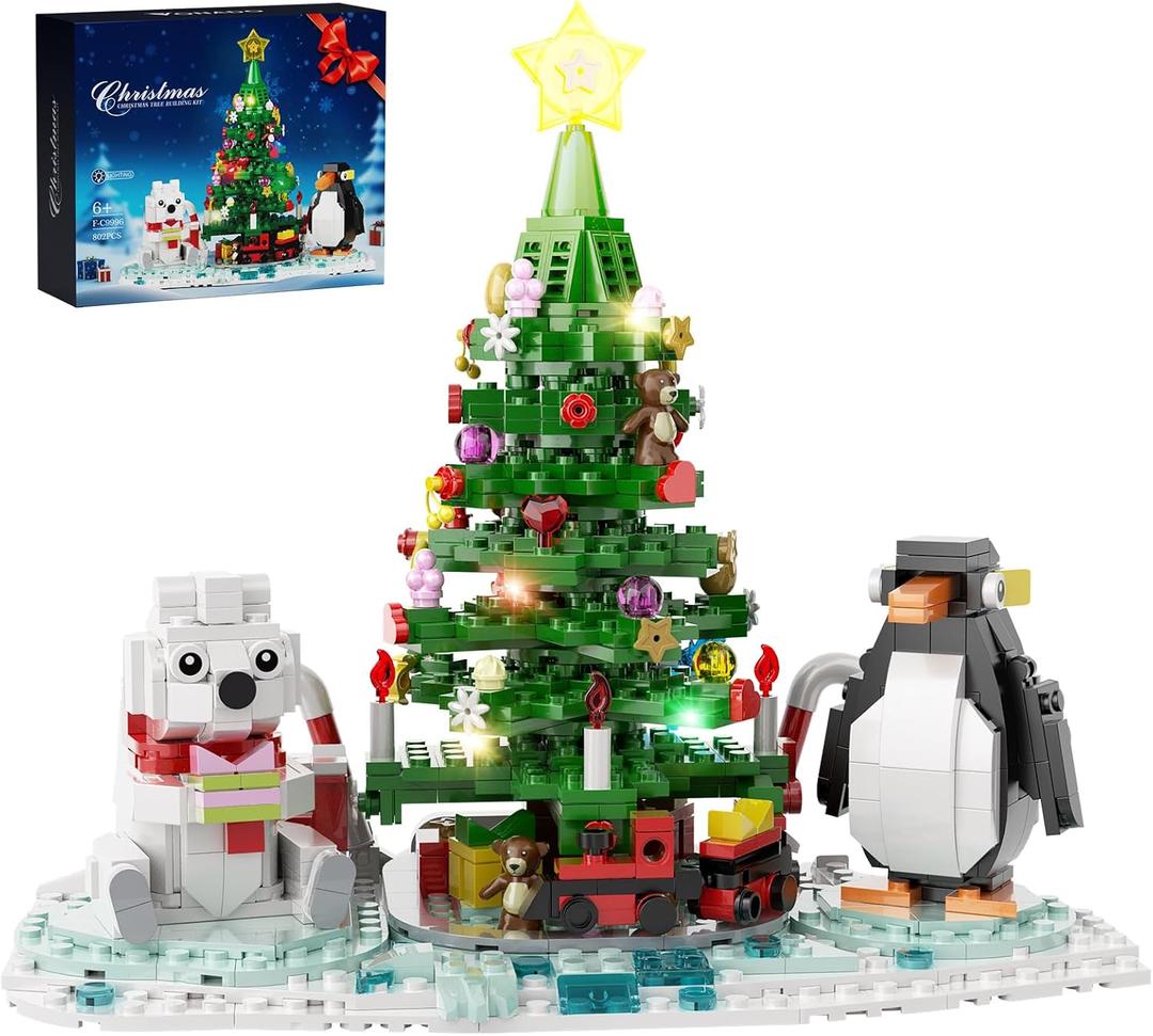 Christmas Tree - Building Toys for Kids, Boys & Girls, Ages 6+, Christmas Tree Buildings Compatible with Lego,with Polar Bear &Penguin Set, Cute Decorative Ornaments for Christmas (802 PCS)