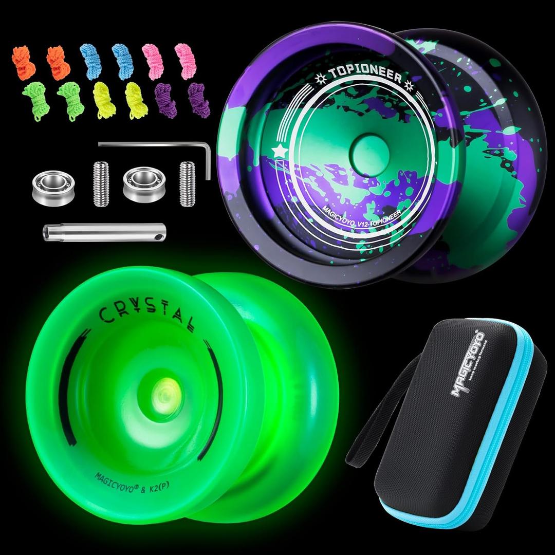 MAGICYOYO Responsive Yoyos 2 Pack, Metal Yo yo V12 + Plastic Yo-yo K2 Glow Green, Professional Yoyo for Kids, Dual Functions Yo yos with Unresponsive Bearing Kit, 12 Yoyo Strings
