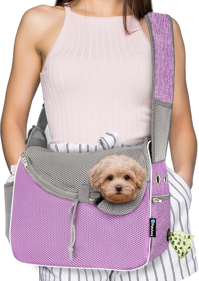 PetAmi Small Dog Sling Carrier, Soft-Sided Crossbody Puppy Carrying Purse Bag, Adjustable Sling Pet Pouch to Wear Medium Dog Cat Travel, Dog Bag for Traveling, Poop Bag Dispenser, Max 10 lbs, Purple