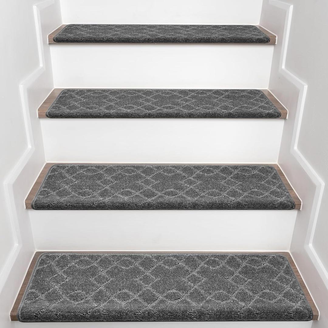 Bullnose Carpet Stair Treads, Stairs Carpet Non Slip 7 Pack, Stair Step Rugs 30"x9.5"x1.2", Soft, Reusable, Peel and Stick Stair Treads for Wooden Steps Indoor (Grey, Diamond Pattern)