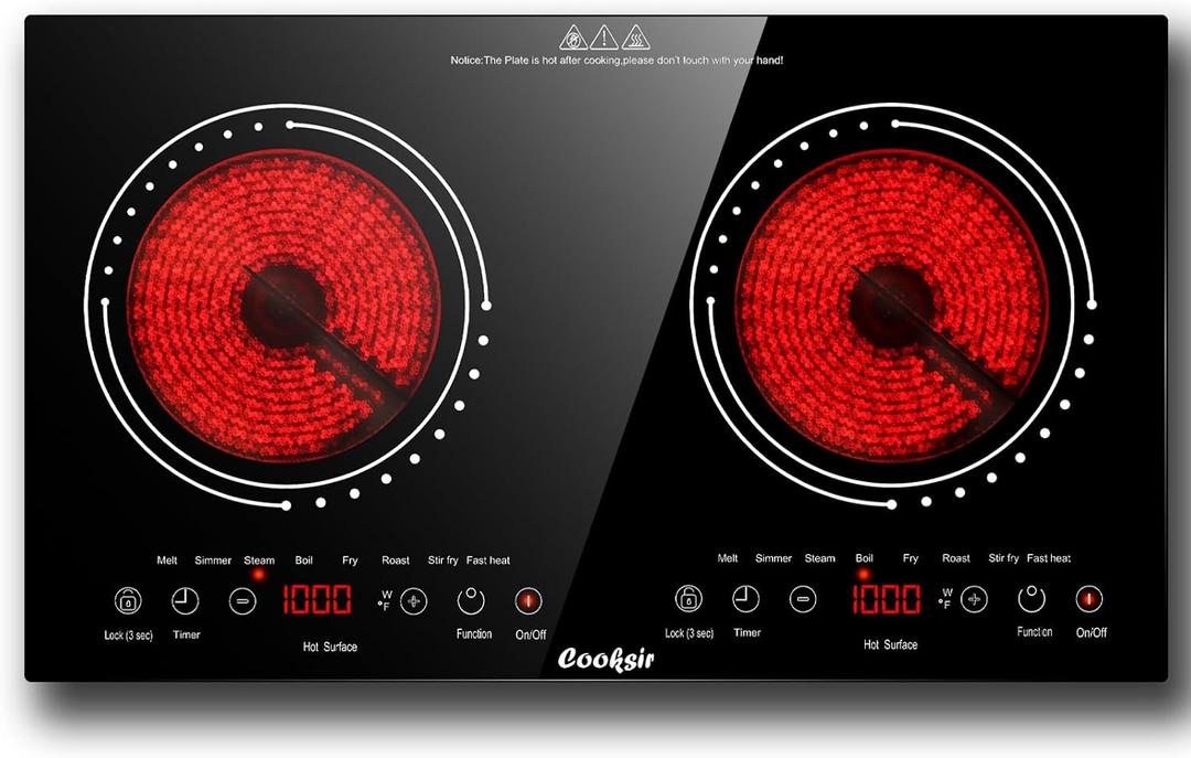 2 Burner Electric Cooktop - 24 Inch(23.6"x 13.8") Built-in & Countertop Electric Stove Top, 120V Double Burner Ceramic Cooktop Portable with Safety Lock, Timer, Touch Control, 110V Plug in