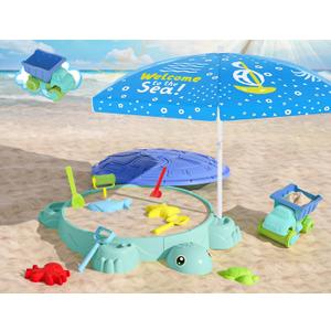 Upgraded Kids Turtle Sandbox with Lid & Adjustable Umbrella, Truck Toy & 8pcs Sand Shovels, Sand Box with Cover, Beach Toys for Toddlers 3-5, Plastic Indoor Outdoor Play Toys Gift for Girls Boys