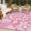 Ileading Outdoor Plastic Straw Rug 6x9ft Funny Floral Style Reversible Patio Area Rugs Waterproof Non Shedding Portable Carpets for Rv Outside Deck Pool Beach Picnic Camping (Pink)