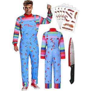 【5 Sizes】Halloween Costume Chucky Costume for Adults Men Outfit Women Long Sleeve Overalls Prop Knife Toy Scar Tattoos - M Size