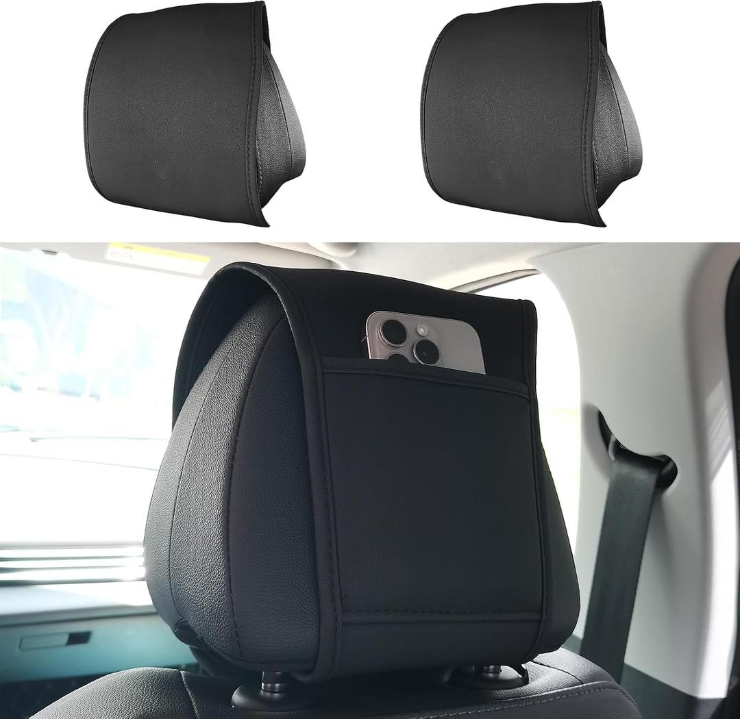2PCS Car Headrest Covers for Back Seat with Pocket, Universal Leather Head Rest Cover, Multi-Functional Backseat Organizer for Phone, Key, Wallet, Coin Storage Black