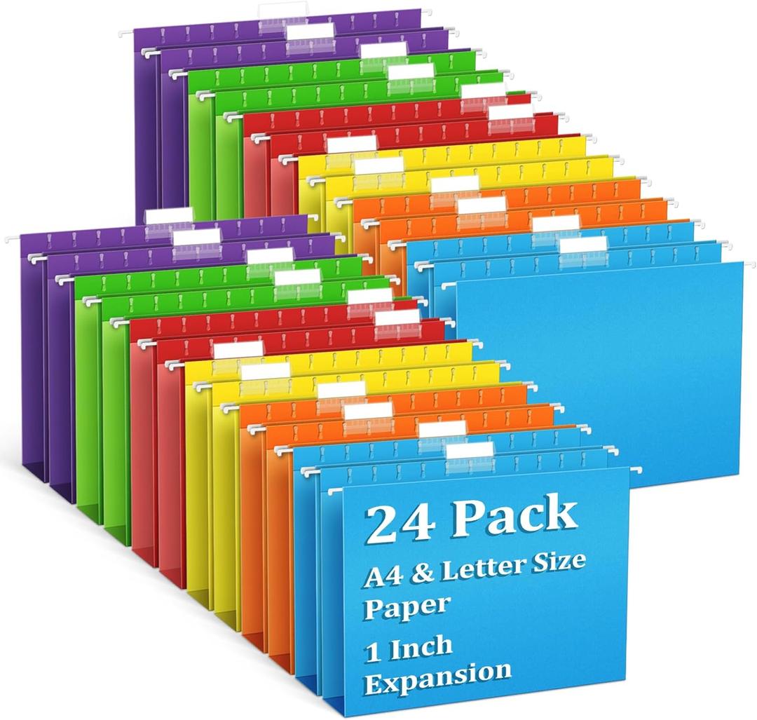 V-Opitos 24 Pack 1 Inch Expansion Hanging File Folders, Letter Size Hanging Folders with 1/5-Cut Adjustable Tab, Extra Capacity Hanging File Folders, Ideal School Classroom, Office Supplies
