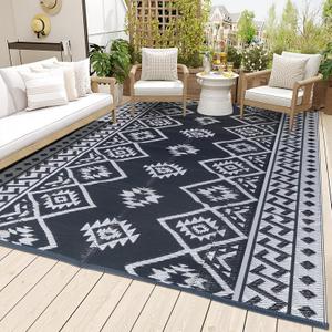 LILIOFFIC Outdoor Rug 9x12 ft, Waterproof Outdoor Plastic Straw Rug for Camping, Large RV Mat Outside, Outdoor Carpet for Deck, Backyard, Balcony, Picnic, with 4 Stakes, Grey