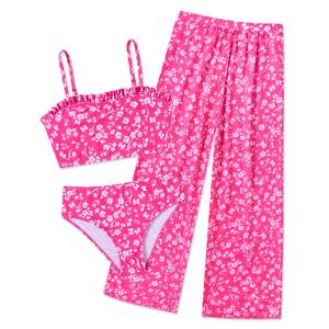 Pink Bikini for Girl Size 9-10 Swimwear Big Girl Bathing Suits 9 10 Girl's Rash Guard White Floret Tankini Flowers Rashguard 3 Pieces High Waisted Swimsuit Pants Ruffle Coverup Cute Swim Bottoms