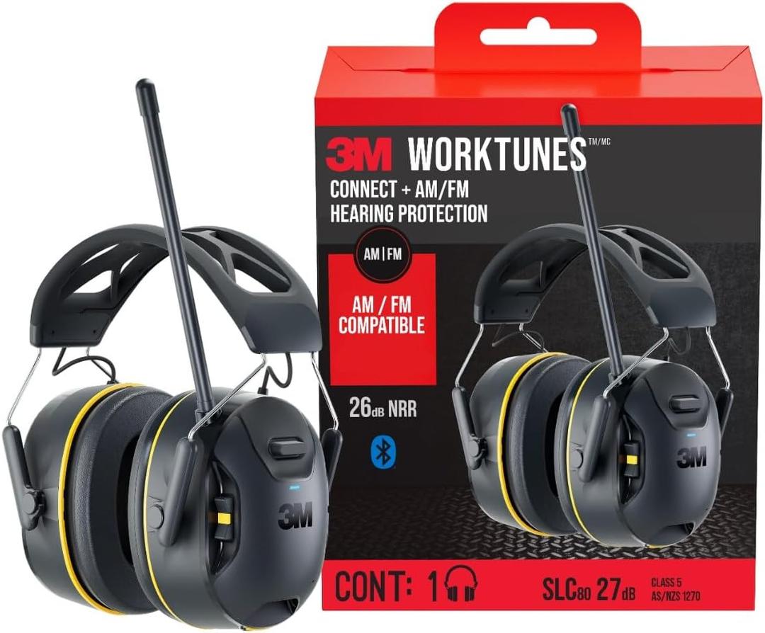 3M WorkTunes Connect + AM/FM Wireless Hearing Protector with Bluetooth Technology, Bluetooth Hearing Protection with a 26 dB Noise Reduction Rating, Standard