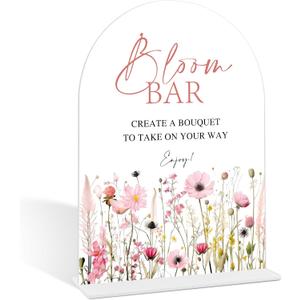 Pink Flower Bloom Bar Sign, Flower Bar Supplies, Bridal Shower Decor, Wedding Reception Decorations, Bridal Shower Centerpieces for Tables, Engagement Decor, Arch Acrylic Wedding Sign With Base-1