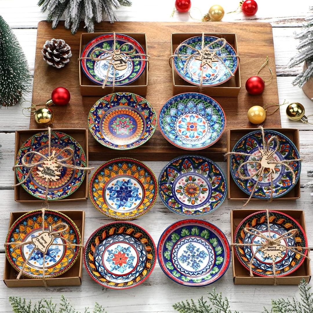 LemonRoad 12 Pcs Turkish Ceramic Bowls Bulk Gifts Set with Paper Box Wooden Beads String 4 Inch Turkish Christmas Gifts Pinch Sauce Multicolor Dipping Finger Small Serving Charcuterie Bowls for Guest