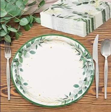 Yiyiring 150 Pcs Party Supplies, 50pcs Plates 11inch and 100pcs Paper Napkins 13 inches for Party(Eucalyptus)