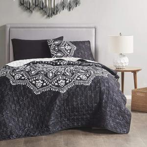 Comfort Spaces Reversible Quilt Set-Vermicelli Stitching Design All Season, Lightweight, Coverlet Bedspread Bedding, Matching Shams, Twin/Twin XL (66 in x 90 in), Ava Medallion Black 2 Piece
