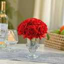 Velvet Roses in Crystal Glass Vase, Artificial Flowers with Vase, Silk Flower Arrangements for Home, Wedding, and Office Décor Table Arrangement Centerpiece, Red