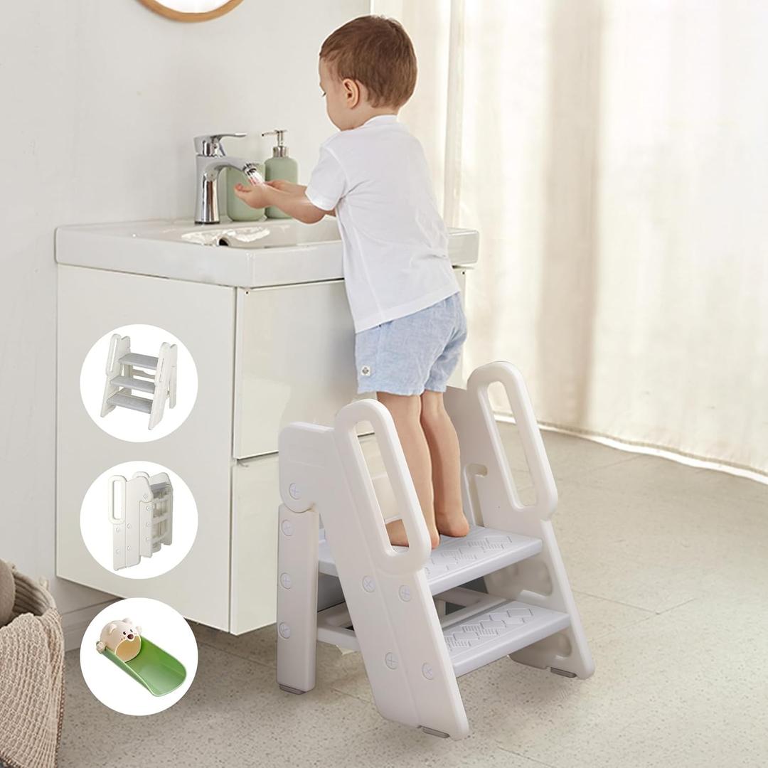 Foldable Step Stool for Kids Adjustable 3 to 2 Stool for Bathroom Sink Toddler Toilet Potty Training Stool Baby Kitchen Stool Children Step Ladder with Non-Slip Pads, Grey