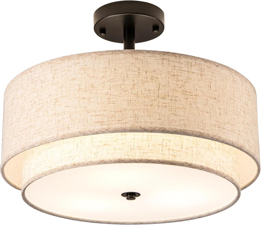 Drum Semi Flush Mount Ceiling Light, 16 inch 3 Lights Ceiling Light Fixture with 2-Layer Fabric Shade, Black Farmhouse Drum Ceiling Lighting for Bedroom Hallyway Dining Room Kitchen