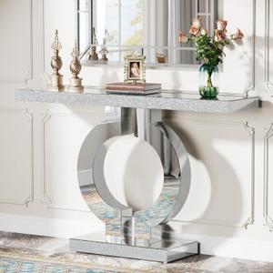 Tribesigns 43-Inch Mirrored Console Table with O-Shaped Base, Modern Entryway Table Glass Sofa Table with Mirror Finish, Rectangle Narrow Accent Foyer Table for Living Room Hallway Entrance (Silver)
